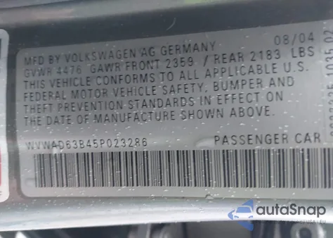 2005 Volkswagen Passat Gls 1.8T z USA, uszkodzony, nr VIN WVWAD63B45P023286